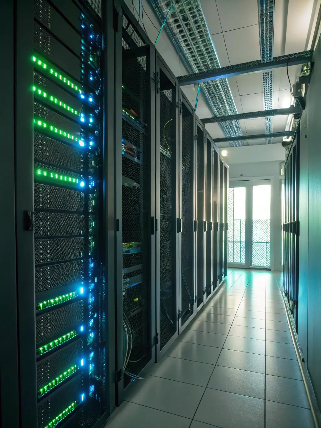 A secure server room environment representing Contact-mx.org's Enterprise plan, emphasizing API integrations and tailored onboarding for large organizations with complex needs.