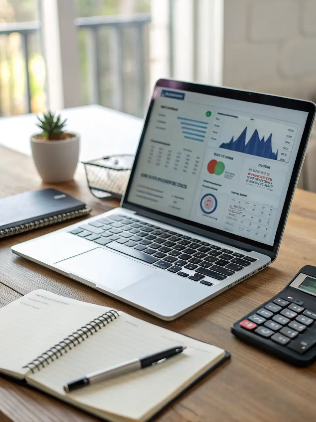 A professional workspace setup with a laptop displaying Contact-mx.org's Basic plan features, emphasizing simplicity and essential expense tracking for small teams.