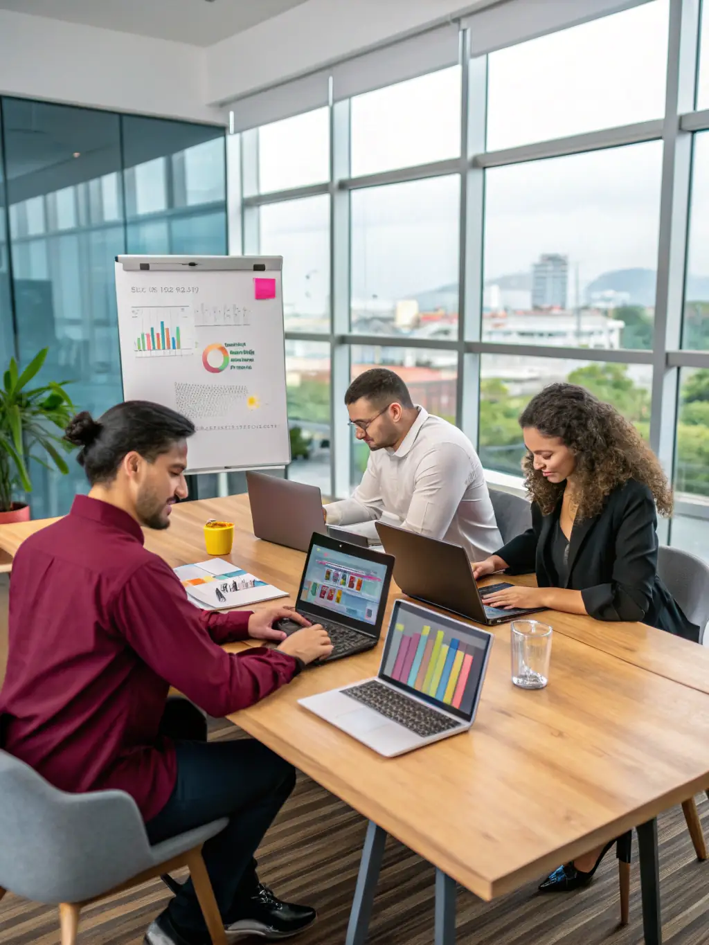 A diverse team collaborating in a modern office, using Contact-mx.org's virtual cards for various expenses, showcasing the platform's versatility and ease of use across different departments.